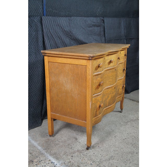 Antique Victorian Quartersawn Oak Serpentine Oxbow Dresser & Mirror Washstand For Sale - Image 9 of 12