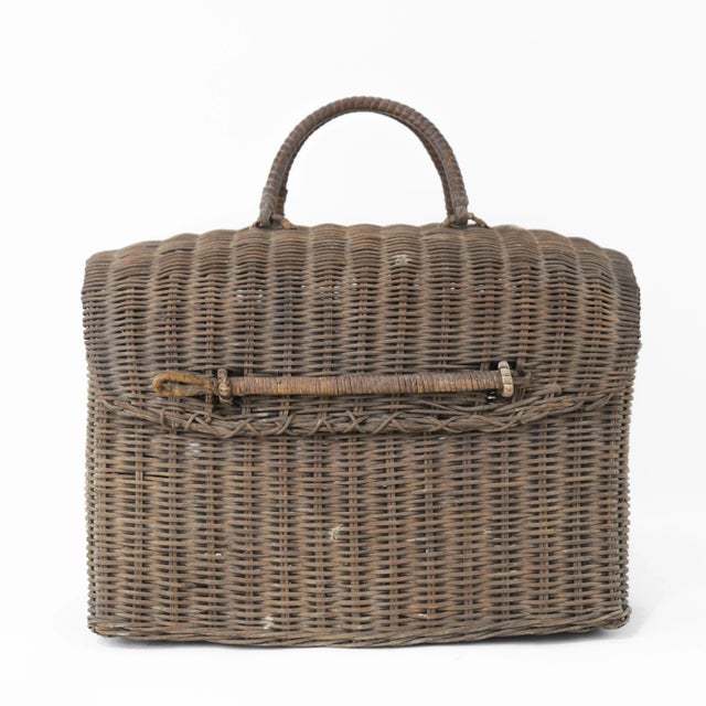 Vintage Woven Rattan Picnic Basket With Handle & Lid – Handwoven Storage & Décor For Sale - Image 11 of 11