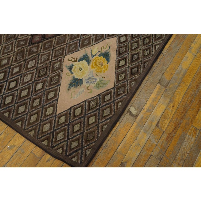 American 1920s Brown Medallion Folk Art Antique American Hooked Rug 4'2" X 8'7" Handknotted Wool Carpet For Sale - Image 3 of 4