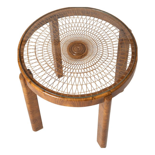 Art Deco Side Table in Wallnut, Rattan and Glass, Poland, 1940s For Sale