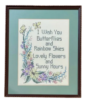 Mid-Century Framed Cross Stitch Flowers & Butterflies Textile Art