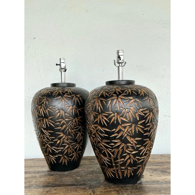 Wood Vintage Glazed Ceramic Bamboo Shoots Lamps - A Pair For Sale - Image 7 of 12