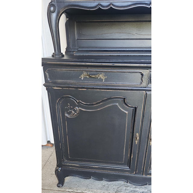 Wood Antique French Cabinet, Distressed Black, Rococo Style, Buffet Cabinet Deux Corps, For Sale - Image 7 of 18
