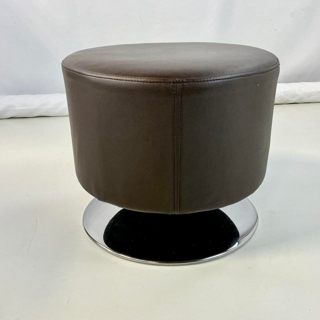 Brown Contemporary Modern Italian Brown Faux Leather With Chrome Pedestal Base Low Stool For Sale - Image 8 of 9