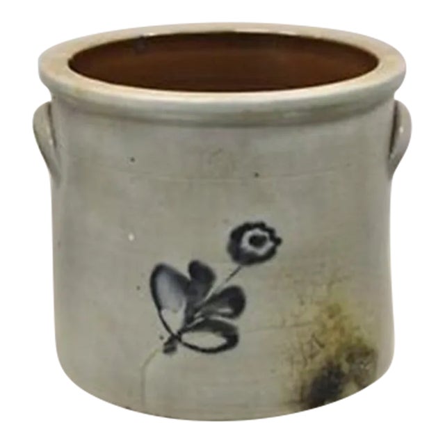 Antique Stoneware Salt Glazed 9" Round Pottery Crock Pot With Blue Flower For Sale