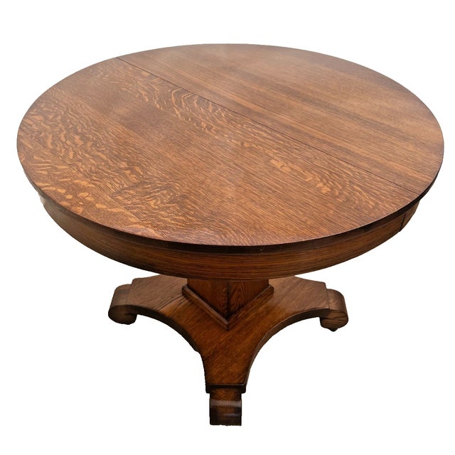 Early 20th Century Round Pedestal Expanding Dining Table Antique Arts & Crafts Quarter-Sawn Oak For Sale - Image 5 of 15