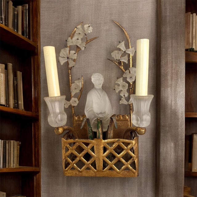 Gilded tole wall sconce with basket and green leaves. Frosted glass Chinoiserie detailed figure. Frosted glass flowers and...