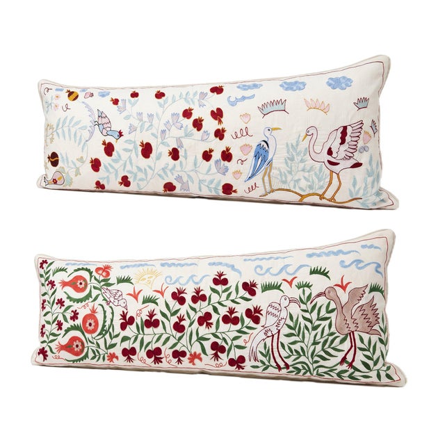 Mid-Century Modern White Bird Suzani Lumbar Pillow Cover 18'' X 53'' - Set of Two For Sale - Image 3 of 4