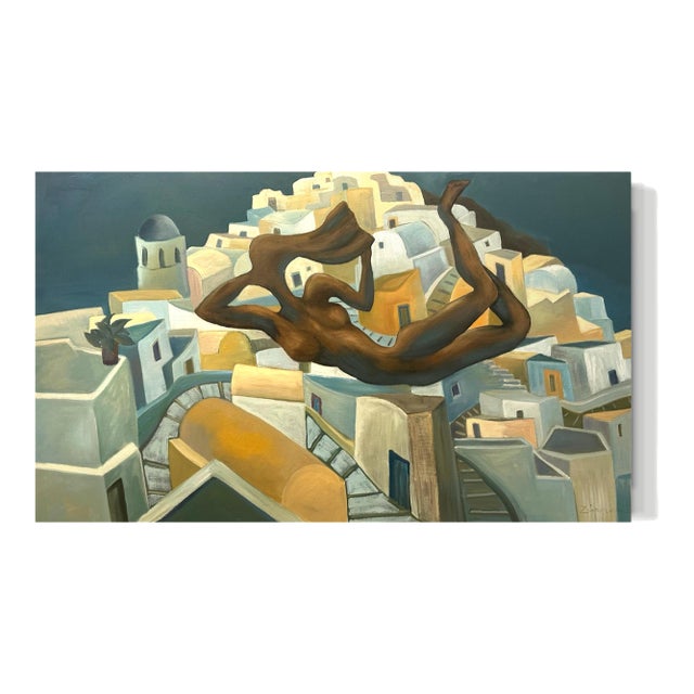Marc Zimmerman "Santorini" Oil Painting, Greek Island Architecture, Blue-Grey Palette, Gnarled Tree, Contemplative, Contemporary Art West Coast For Sale