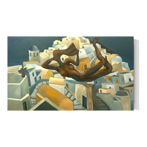 Marc Zimmerman "Santorini" Oil Painting, Greek Island Architecture, Blue-Grey Palette, Gnarled Tree, Contemplative, Contemporary Art West Coast
