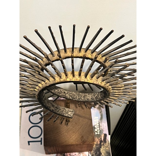 1960s Mid-Century Brutalist Metal Sculpture – Geometric Spirals on Wood Base For Sale - Image 5 of 8