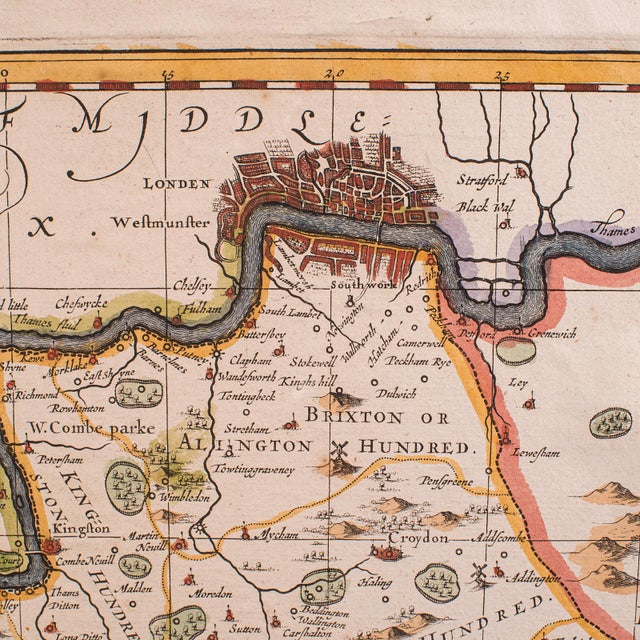 Beige Antique Map of Surrey, English, Framed County Cartography, After Blaeu, c.1690 For Sale - Image 8 of 12