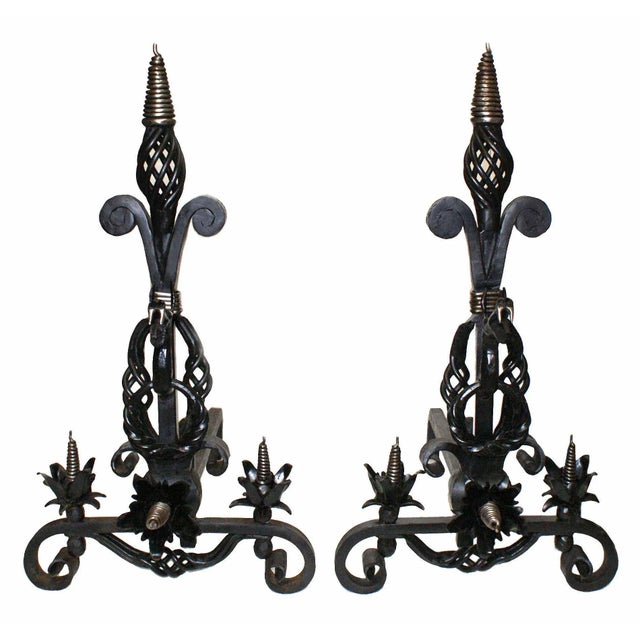 Traditional Andirons Wrought Iron With Dragon Design - A Pair For Sale - Image 3 of 4