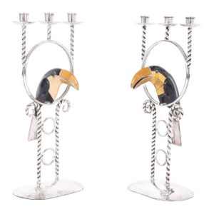 Pair of Silver on Copper Candelabras With Toucans by Emilia Castillo