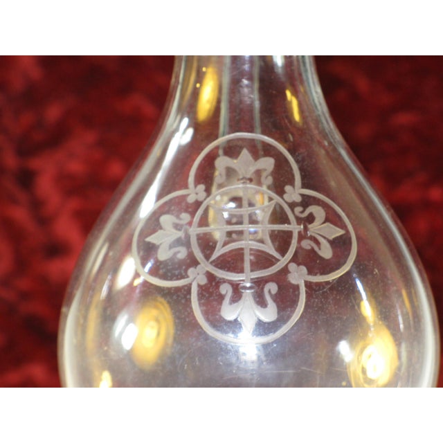 Glass Pitcher Antique Mouth Blown Hand Cut Fleur de Lis Engraved Clear Ca.1860's For Sale - Image 11 of 12