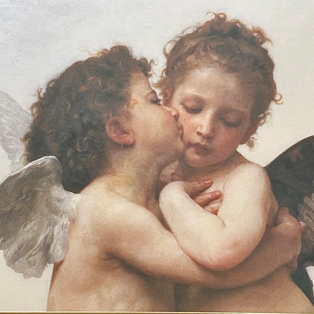 This large vintage framed gallery print features William-Adolphe Bouguereau’s famous 1890 painting, The First Kiss. The...