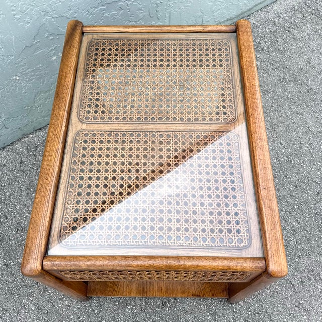 Vintage Boho Chic Cane and Oak Glass Top Side Table For Sale In West Palm - Image 6 of 7