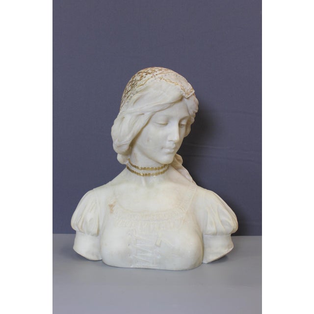 Early 20th Century Alabaster Bust of a Young Woman with a Golden Headdress, 1900 For Sale - Image 5 of 15