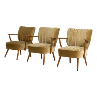 Set Of Three Mid Century Modern Upholstered Armchairs For Sale