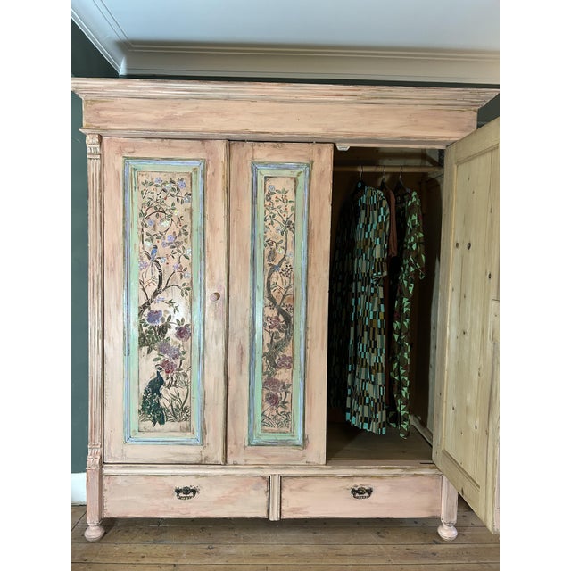 1940s Large Vintage Painted Pine Wardrobe with Chinoiserie Panels, 1940s For Sale - Image 5 of 11