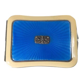 Mid-Century Vintage Blue and Cream Guilloche Enamel Makeup Compact For Sale