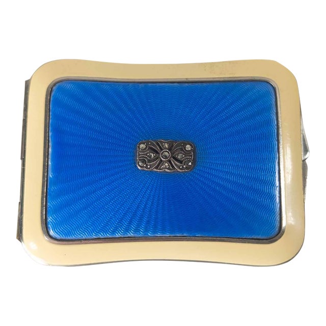 Mid-Century Vintage Blue and Cream Guilloche Enamel Makeup Compact For Sale