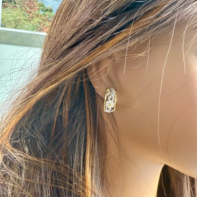 Gold Vintage Simon G. 18k White & Yellow Gold Floral Diamond Huggie Hoop Earrings, Set of 2 For Sale - Image 8 of 8