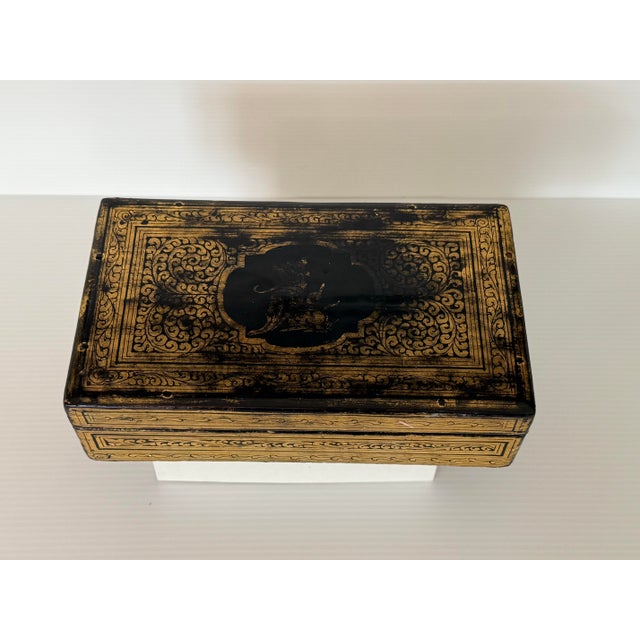 A stunning 19th-century Anglo-Indian lacquered jewelry or keepsake box, crafted in Kashmir for the British colonial market...