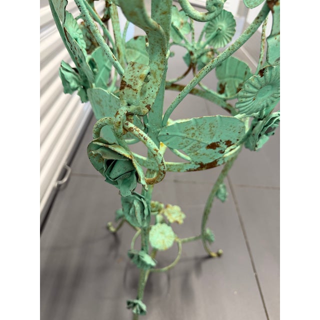 1970s Large Verdigris Wrought Iron Standing Planters With Decorative Dangling Rose and Leaf Motif, a Pair For Sale - Image 9 of 12