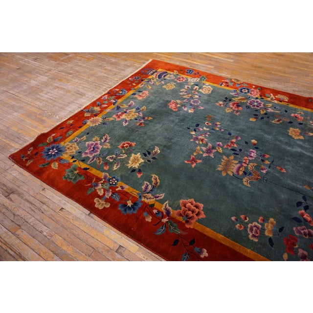 Tranquil and Calming Light Blue Background With Warm Red Field and Magnificent Array of Multicolored Floral Motifs Antique Chinese Art Deco Rug For Sale - Image 4 of 15