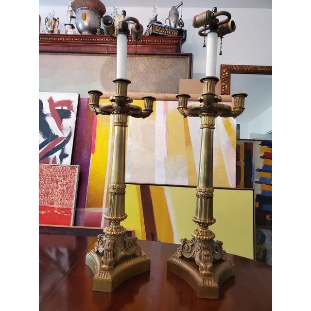 Traditional Antique Pair of French Empire Gilt Dore Bronze Lamps For Sale - Image 3 of 10