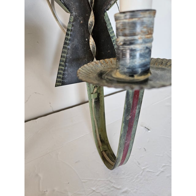 Handmade Polychrome Folky Tin Electrified Sconces - A Pair For Sale - Image 4 of 9
