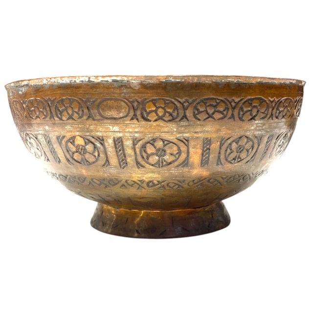 Metal Antique Persian Copper Bowl With Incised Decoration, 19th Century For Sale - Image 7 of 11