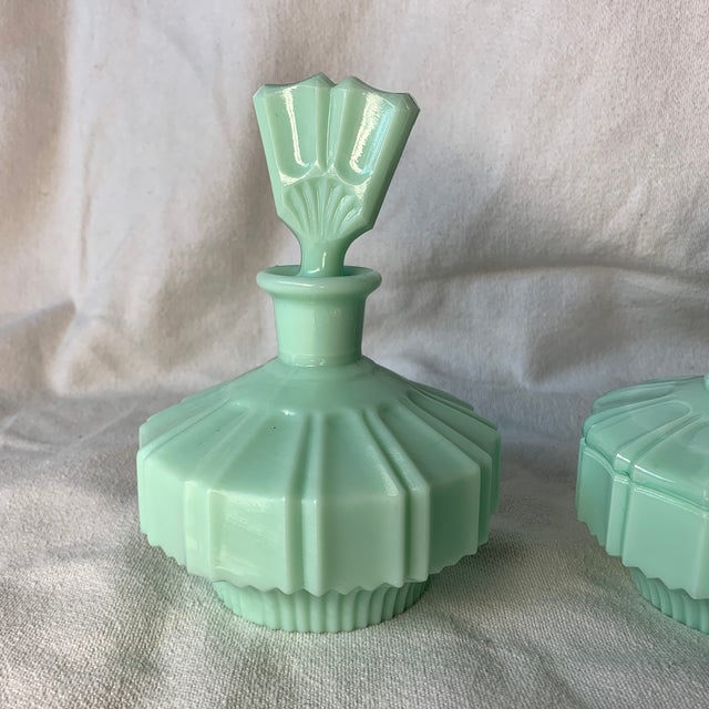 1950s Circa 1940s Murano Glass Opaque Jadeite Green Vanity Bottles and Jar - Set of 3 For Sale - Image 5 of 6