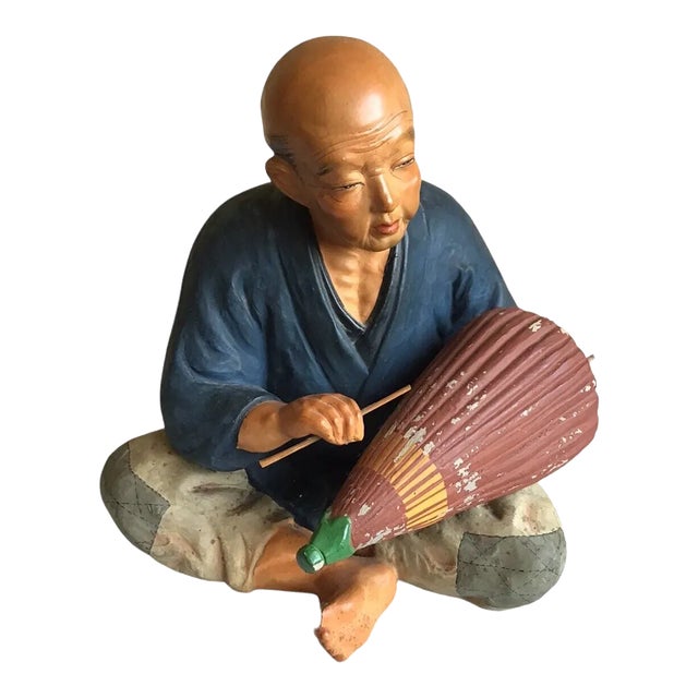 Vintage Mid 20th Century Hakata Urasaki Dolls Japanese Chalkware Elder Male Umbrella Figurine Statue For Sale