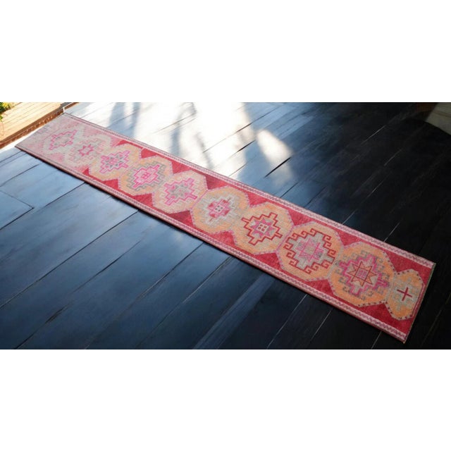 Mid-Century Modern Distressed Oushak Runner Rug - Hand Knotted Narrow Hallway - 2′1″ × 12′1″ For Sale - Image 3 of 11