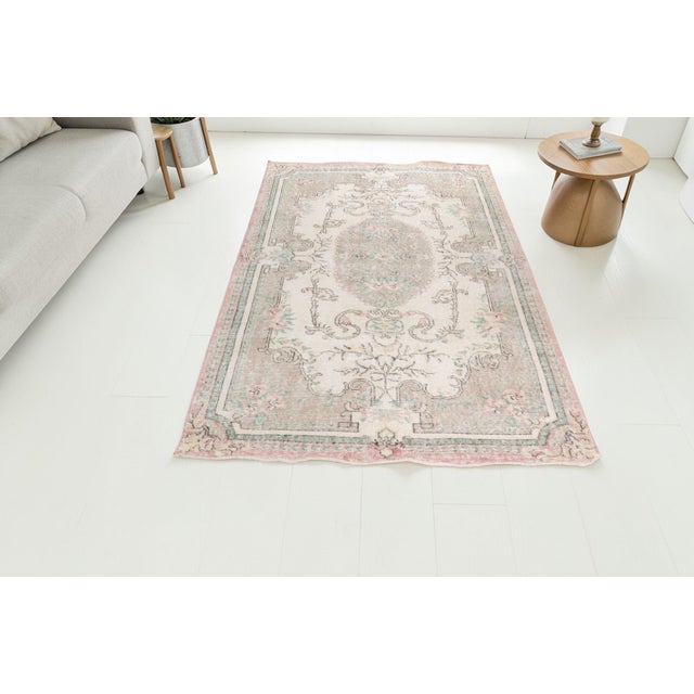 Turkish 1960s Muted Sage Green and Soft Rose Pink Turkish Rug For Sale - Image 3 of 10