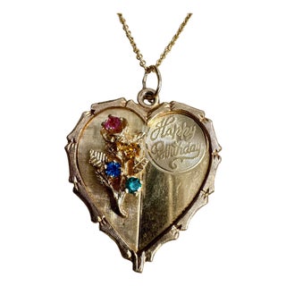 Vintage 14 Kt Y Gold Heart Happy Birthday Pendant + Emerald + Sapphire + Chain For Sale