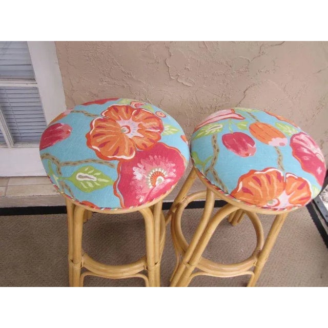 Coastal 1990s Bamboo Honey Tropical Style Barstool Backless Upholstered Seat Set of 2 For Sale - Image 3 of 13