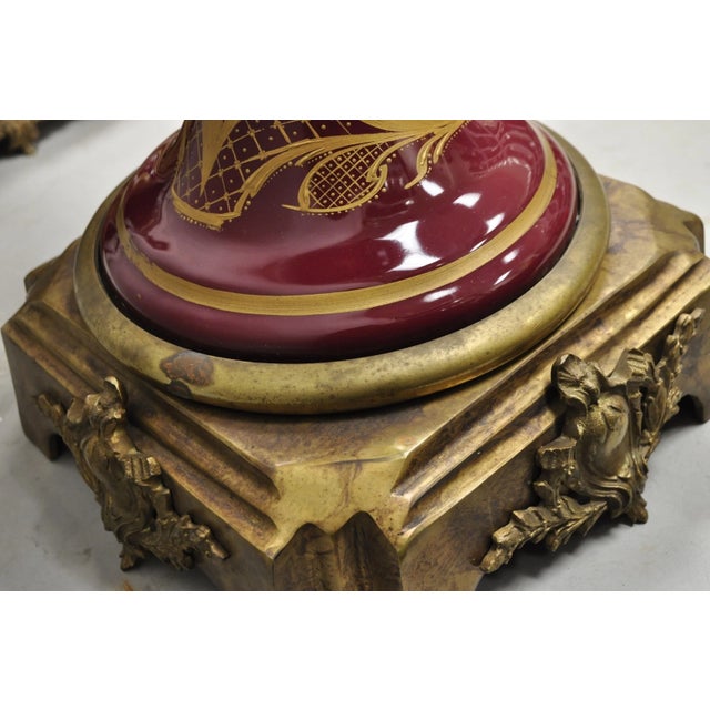 Vintage Palace Size French Sevres Style Red Porcelain Revolving Covered Urn Pair For Sale - Image 13 of 18