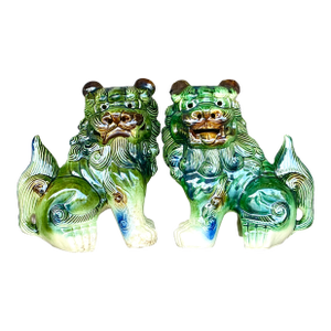 Vintage Asian Glazed Ceramic Foo Dogs - A Pair