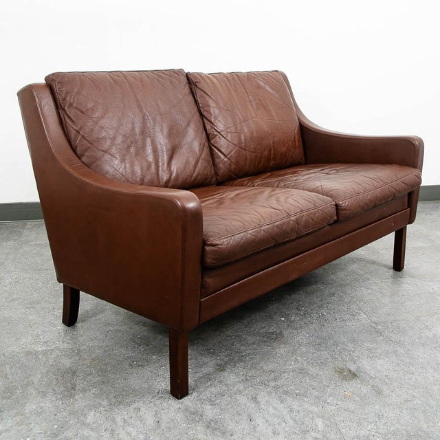 Brown Mid Century Danish Modern Sofa Couch Brown Leather 2 Seat Settee Vintage Denmark For Sale - Image 8 of 11