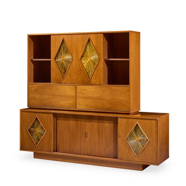 Mid-Century Modern John Keal for Brown Saltman Style Mid Century Walnut Tambour Door Credenza and Hutch For Sale - Image 3 of 16