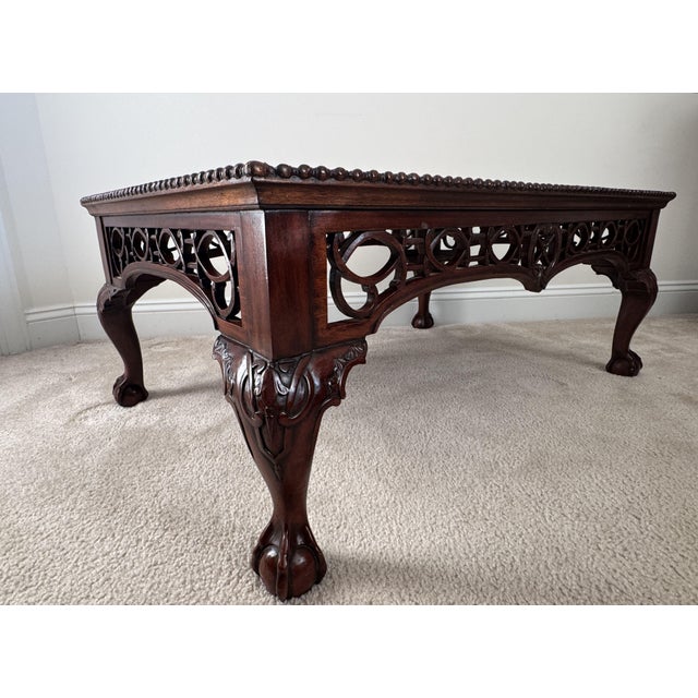 Neoclassical 1980s Maitland-Smith Cocktail Table: Tooled Leather, Carved Fretwork, Ball & Claw Feet For Sale - Image 3 of 12