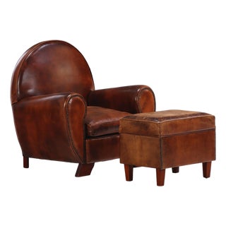 Late 20th Century Dutch Art Deco Style Leather Club Chair With Matching Ottoman For Sale