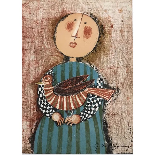 Title: Enfant et oiseau 3 Artist: Graciela Boulanger Country: Bolivia Medium: Original Lithograph Marks: Signed in plate,...