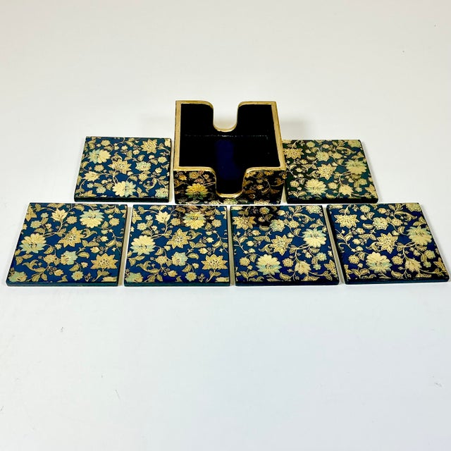1980s 1980s Vintage Chinoiserie Boho Chic Hollywood Regency Coasters With Caddy - 7 Piece Set. For Sale - Image 5 of 10