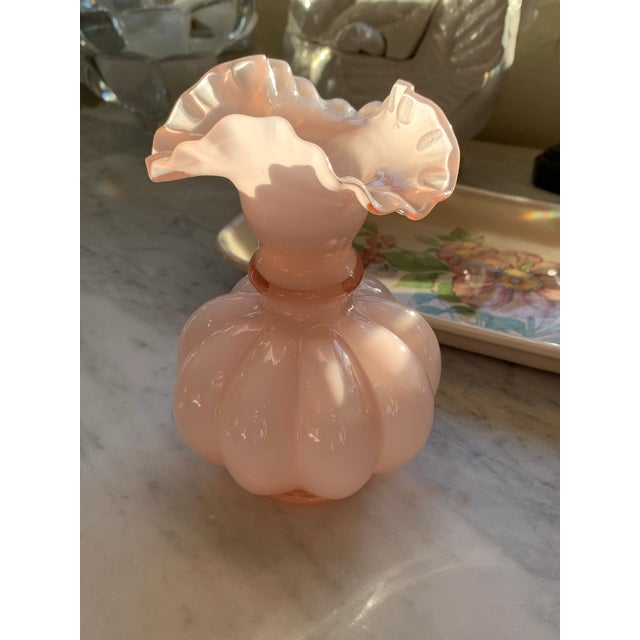 Mid-Century Modern Vintage Fenton Ruffled Melon Rosaline Cased Glass Vase For Sale - Image 3 of 9