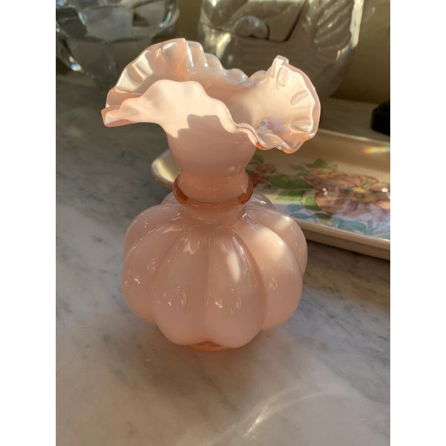 Mid-Century Modern Vintage Fenton Ruffled Melon Rosaline Glass Vase For Sale - Image 3 of 9