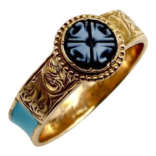 14K Gold Victorian Banded Agate and Turquoise Enamel Mourning Ring Size 7.5 For Sale